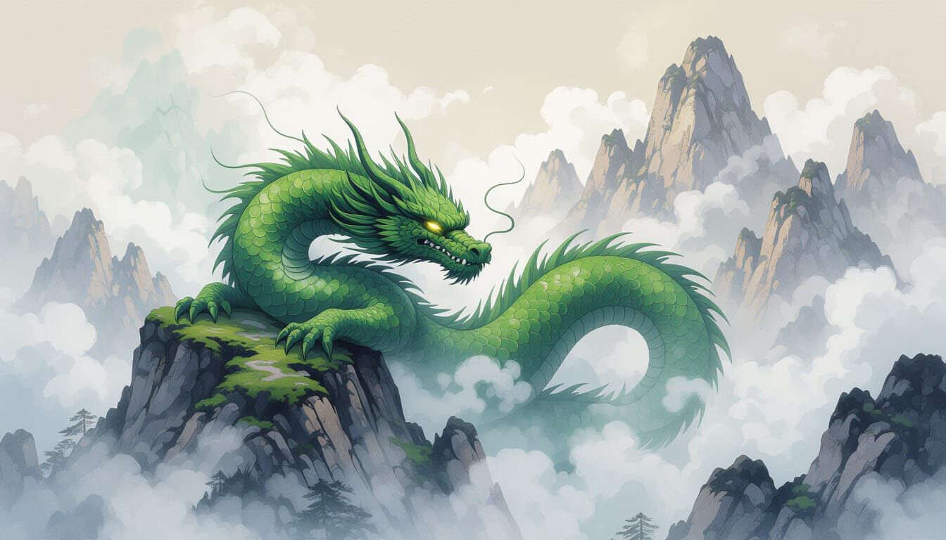 Ancient Stone Dragon Slumbers on Misty Mountain Peak
