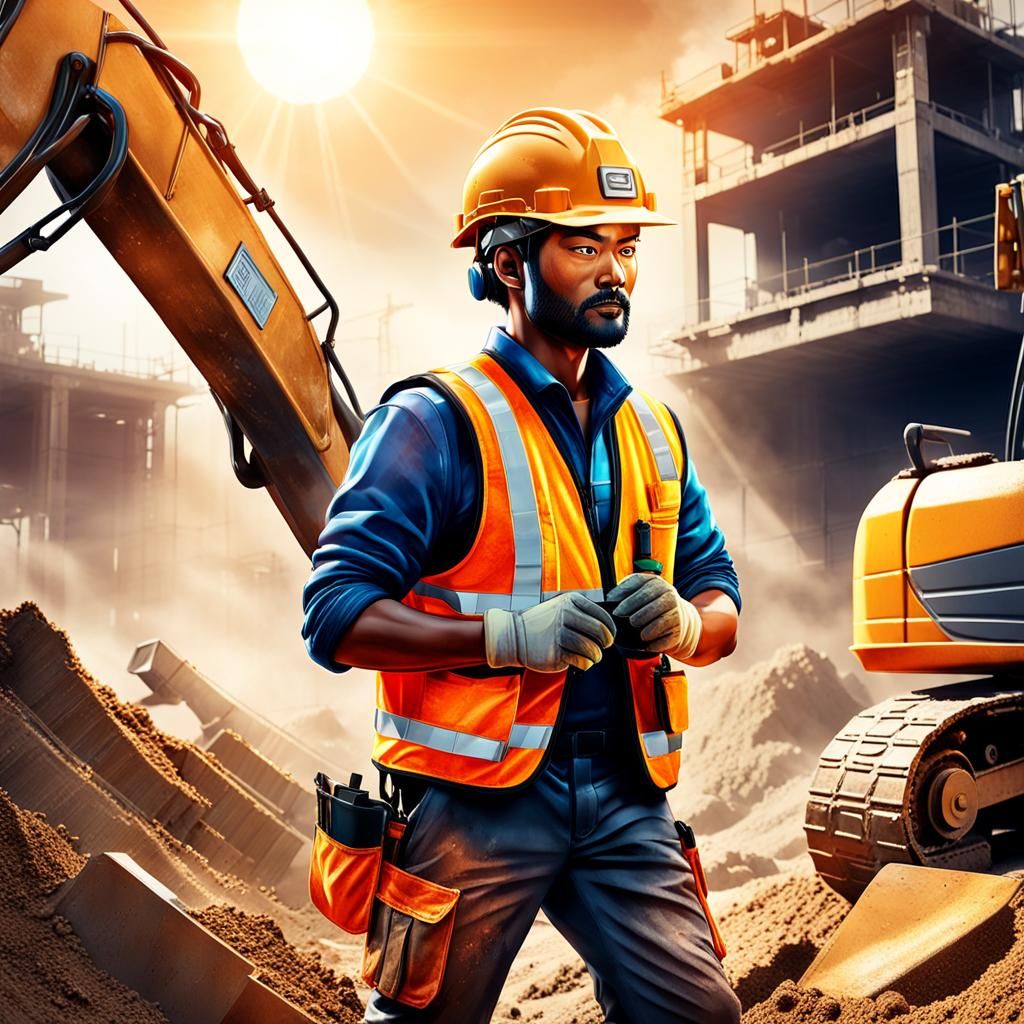 3D Anime Construction Worker Excavation Scene