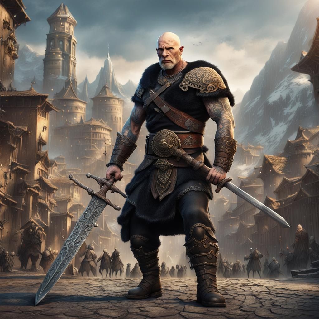 Goliath Barbarian with Great Sword in Fantasy City