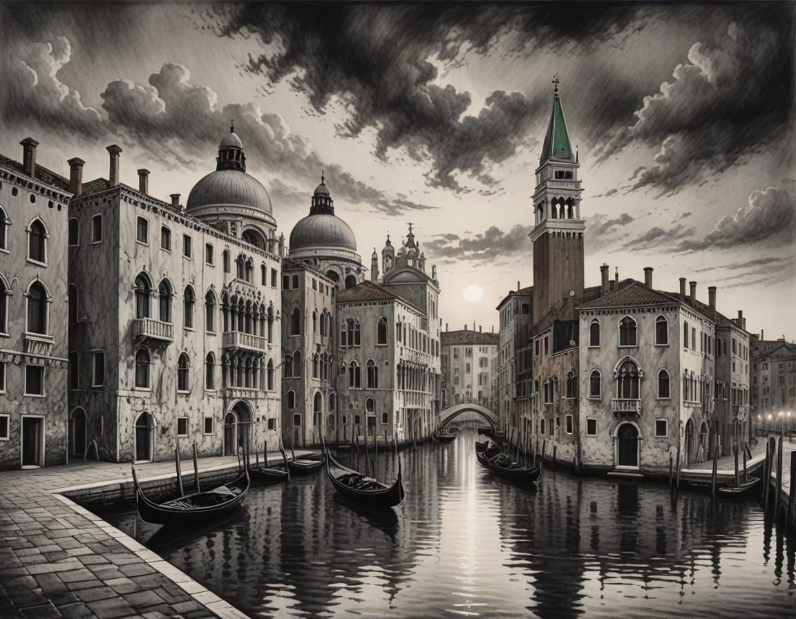 Moody Venice Charcoal Drawing with Black Clouds