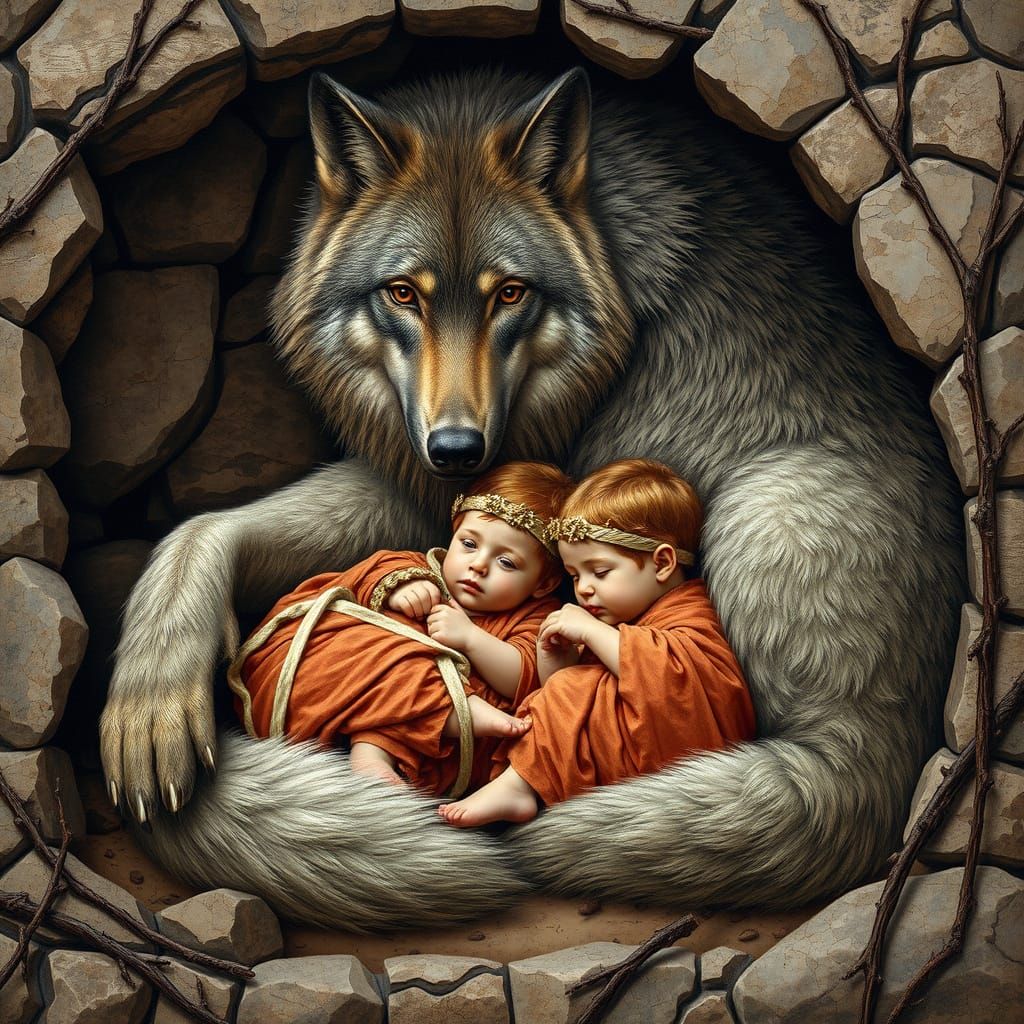 Wolf Mother Nurturing Romulus and Remus, Mosaic Style