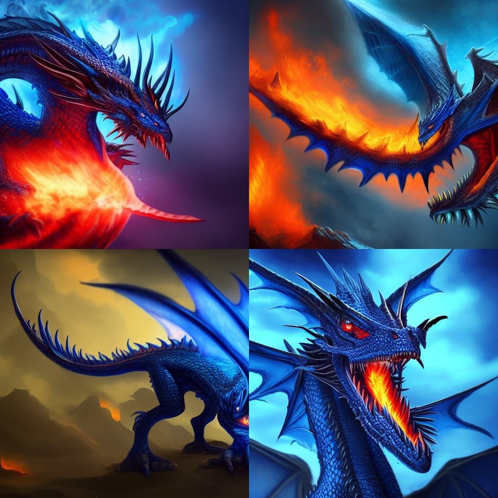 Majestic Dark Blue Dragon Breathing Fire