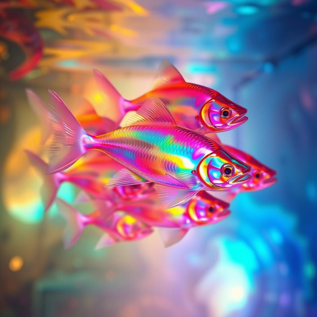 Vibrant Dreamscapes: Swirling Holographic Fish in Abstract E...
