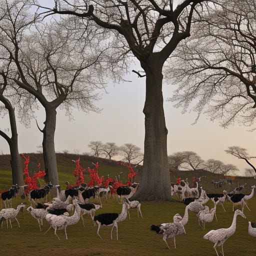 Surreal Giraffes and Ostriches in Cherry Orchard