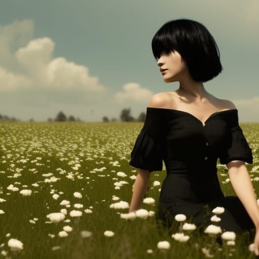 Girl in Black Dress Among Black Roses