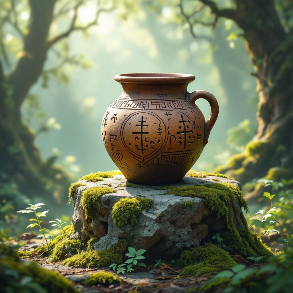 Mystical Ceramic Pot in Ancient Forest Clearing