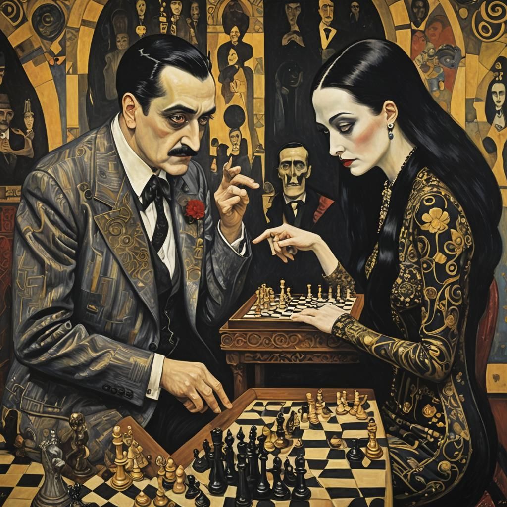 Klimt-Style Chess Game Between Two Figures