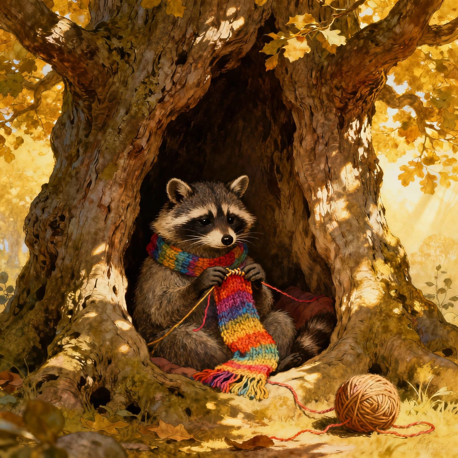 Charming Raccoon Knits Scarf in Tree Hollow