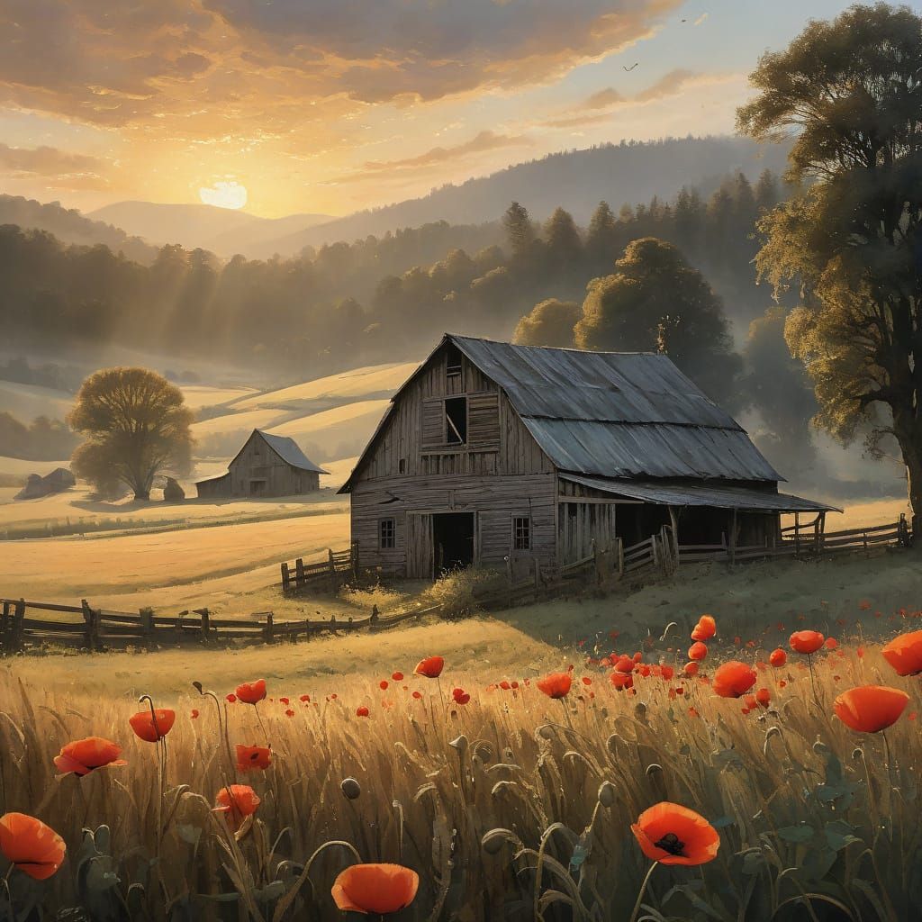 Idyllic Farm Scene at Daybreak in Painterly Style