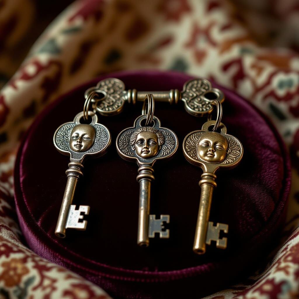 Antique Keys with Faces on Velvet Cushion