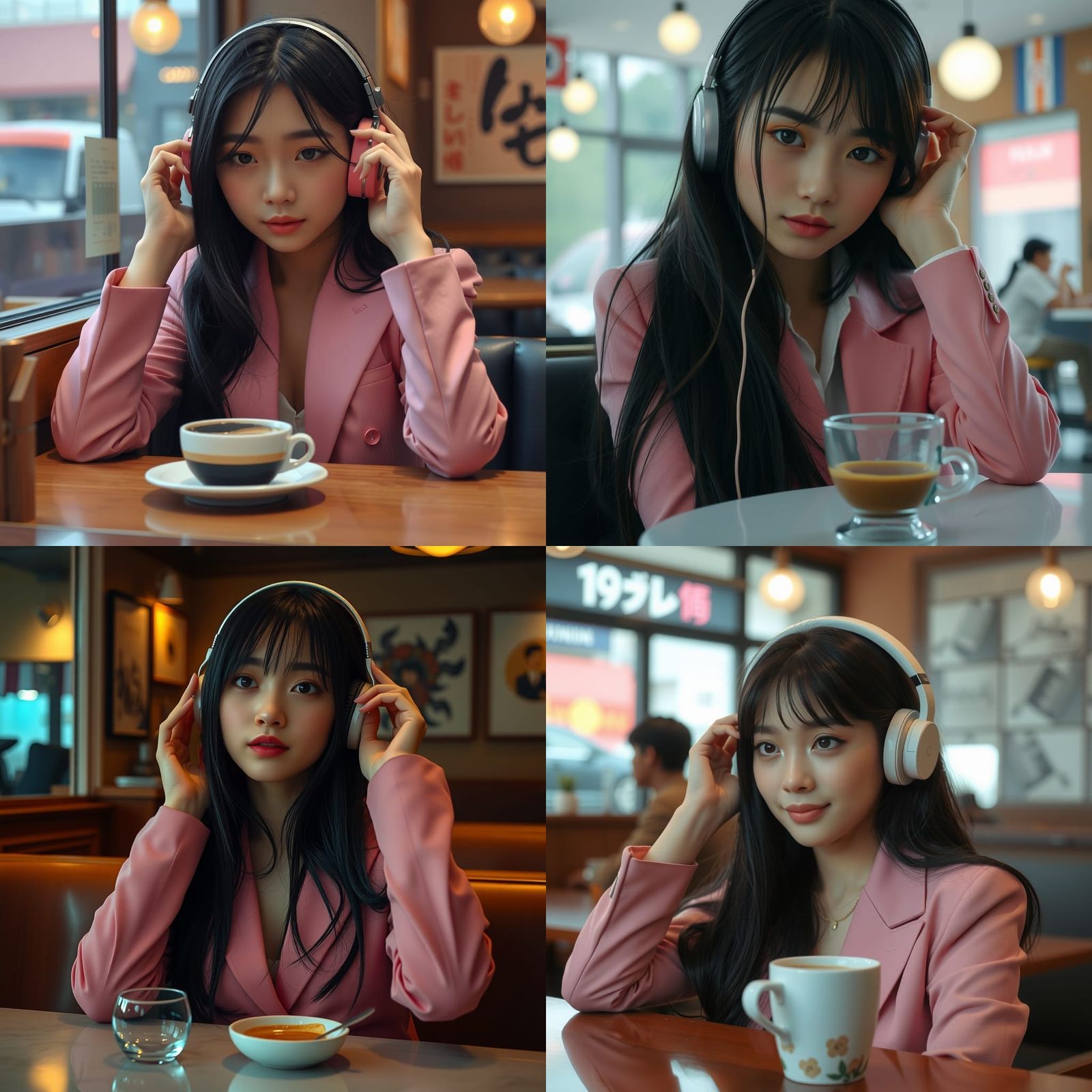 Japanese Girl in Pink Suit Listening to Music