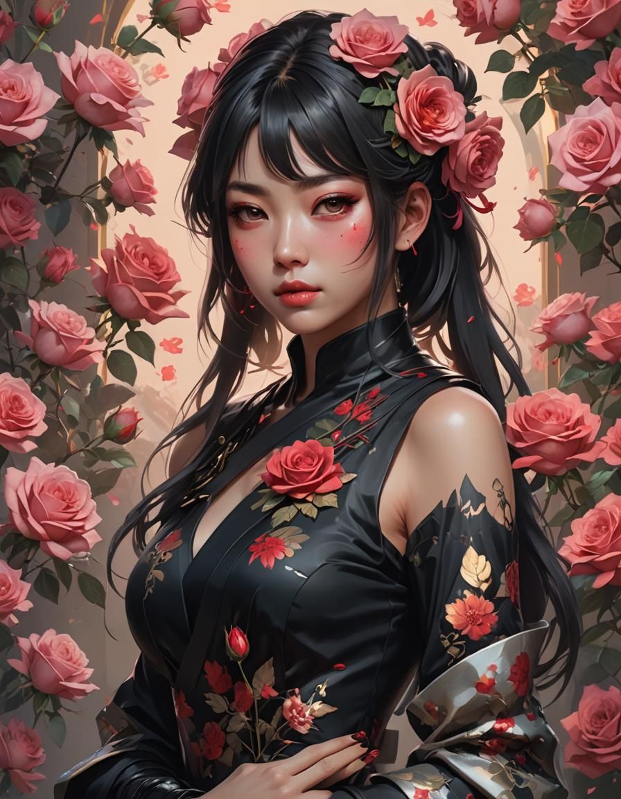 Japanese Girl Portrait with Roses in Art Nouveau Style
