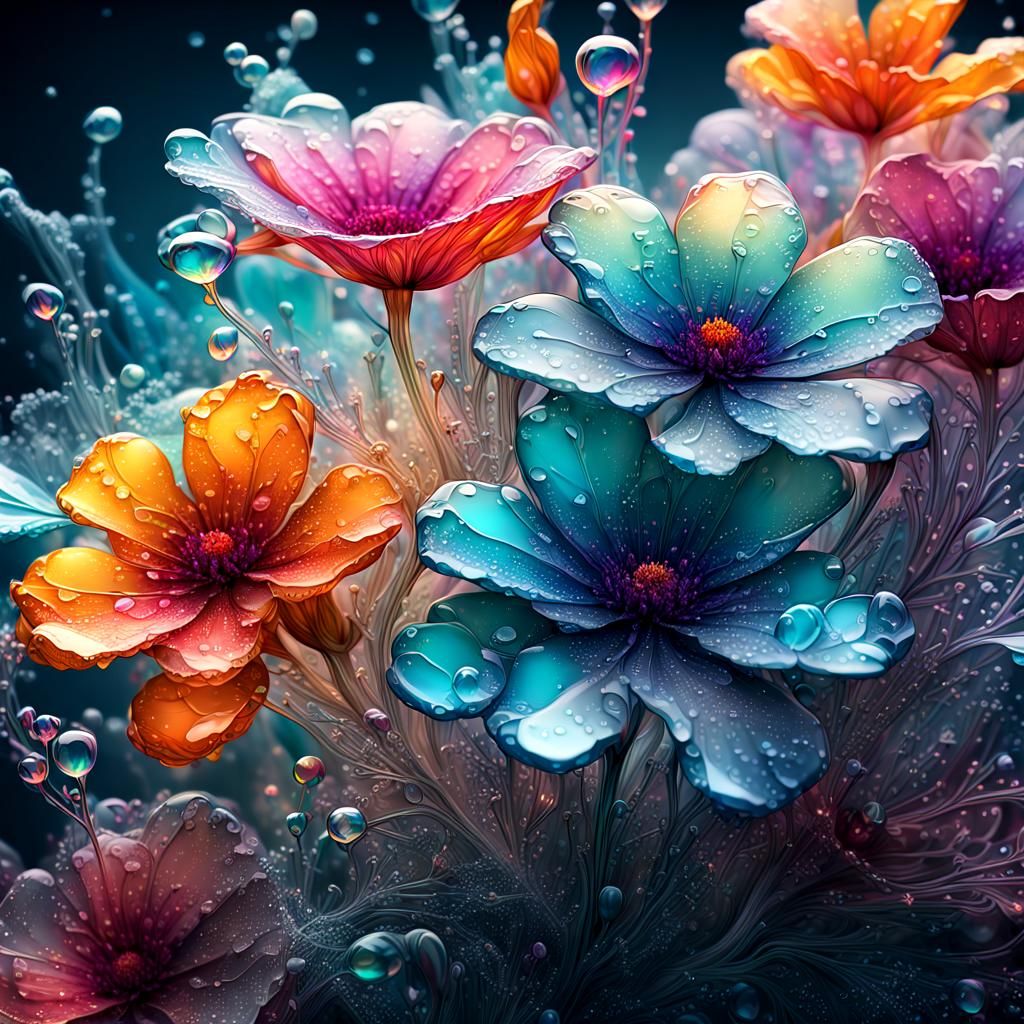 Dreamy Flowers with Dew Drops in Surreal Style
