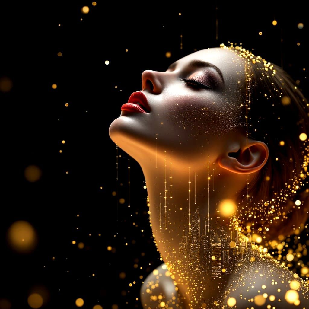 Woman in Glowing Crystal Headdress, Floating in Celestial Ci...