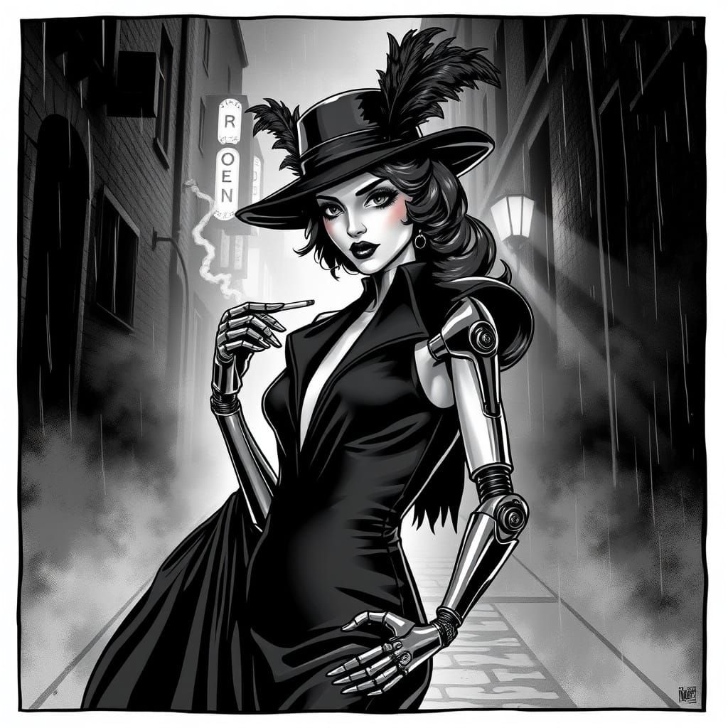 Mysterious Android Starlet in 1930's Film Noir Alleyway