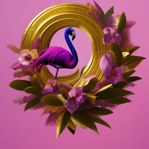 Sequin Flamingo with Magnolia Wreath, Art Nouveau Style