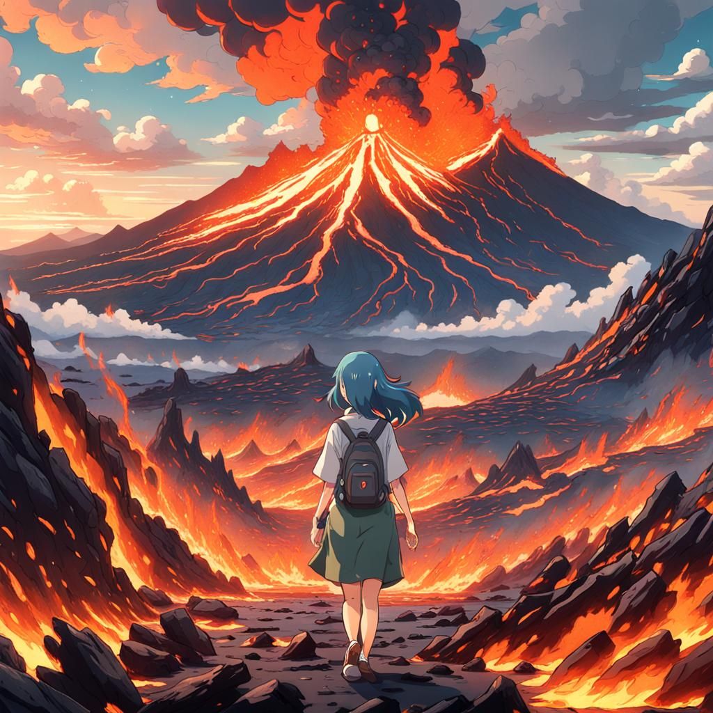 Anime Girl in Volcanic Landscape, Studio Ghibli Style