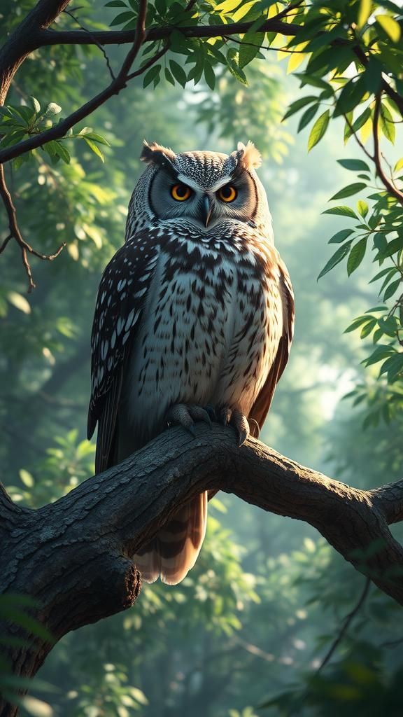 Anime Owl in Lush Forest, 3D Rendered