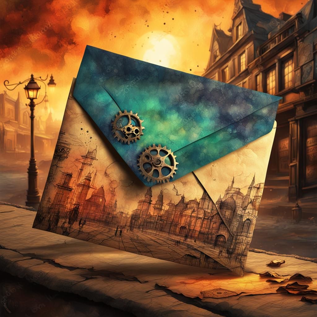 Envelope in Steampunk Sunset Ink Painting