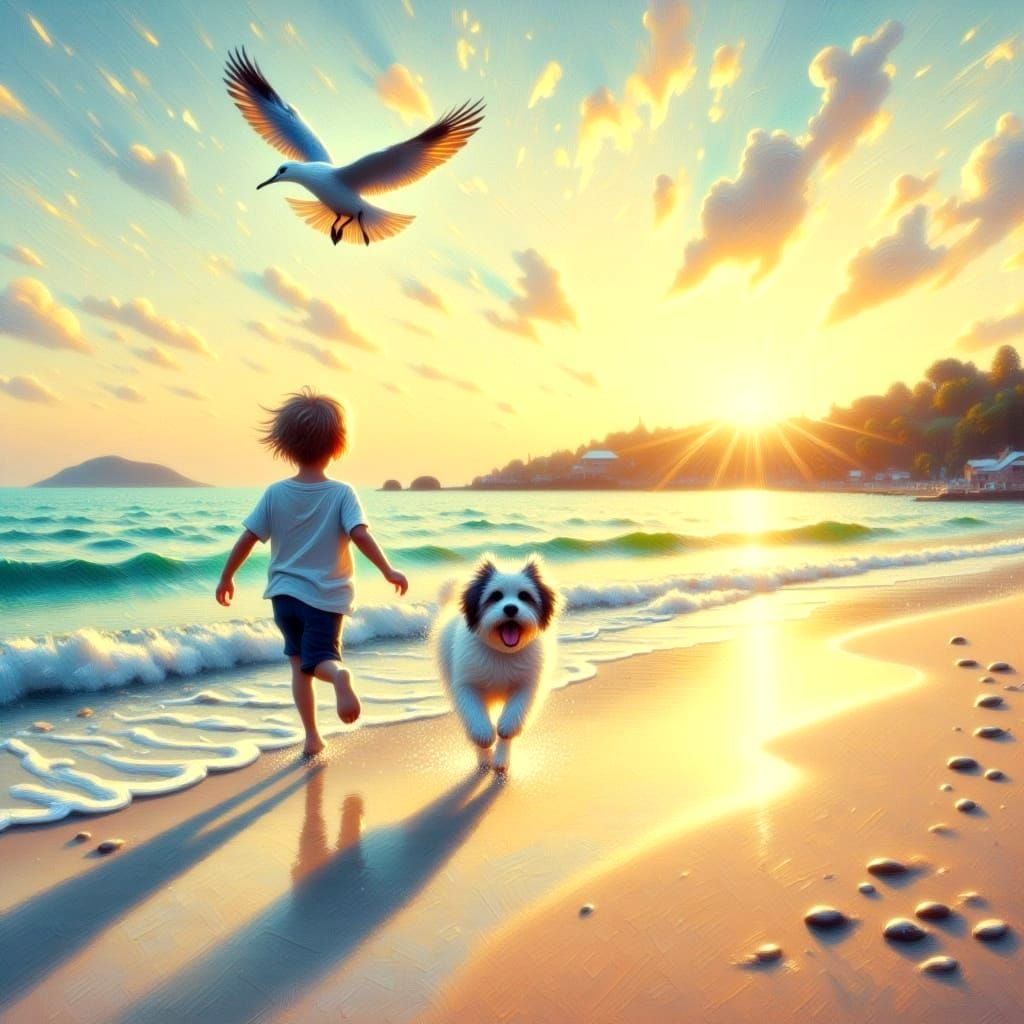 Serene Sunset on a Deserted Shoreline in Impressionist Style