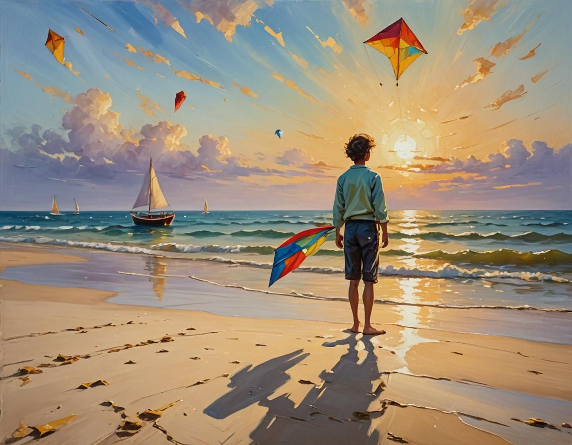 Sunset Beach Kite Flyer in Impressionist Oil
