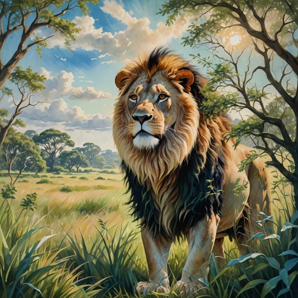 Lion in Lush Savannah: A Monet-Inspired Oil Painting