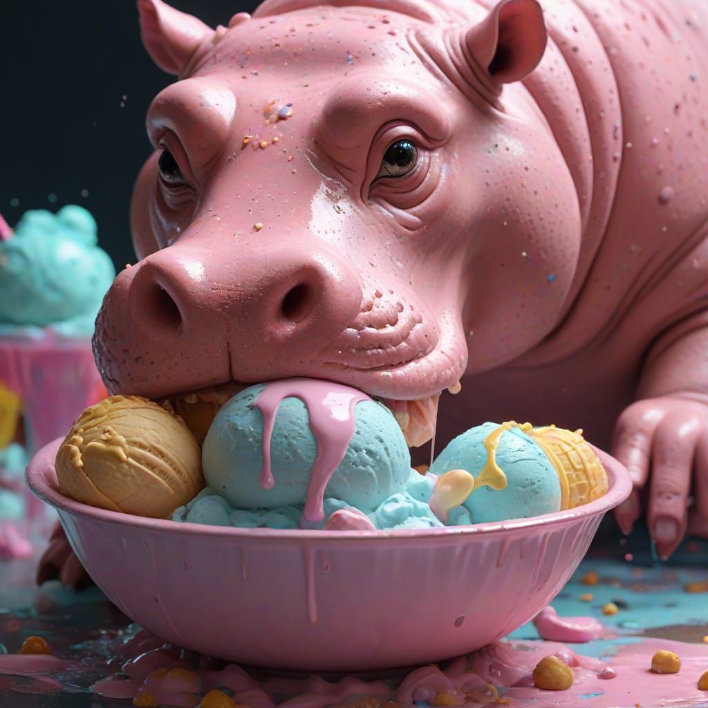 Hyperrealistic Hippo with Ice Cream in Vaporwave Style