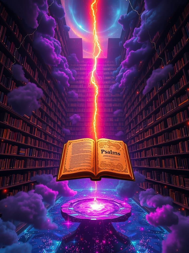 Cosmic Library of Bioluminescent Books in Digital Art