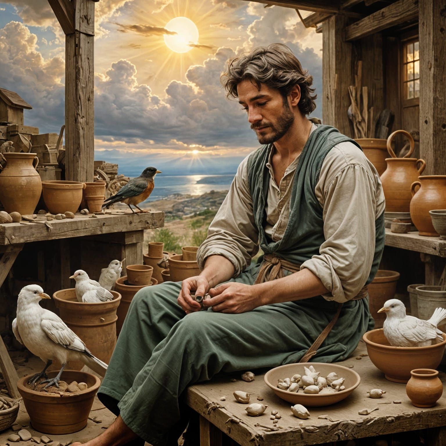 Serene Potter Creates Majestic Clay Birds Amidst Heavenly Ra...