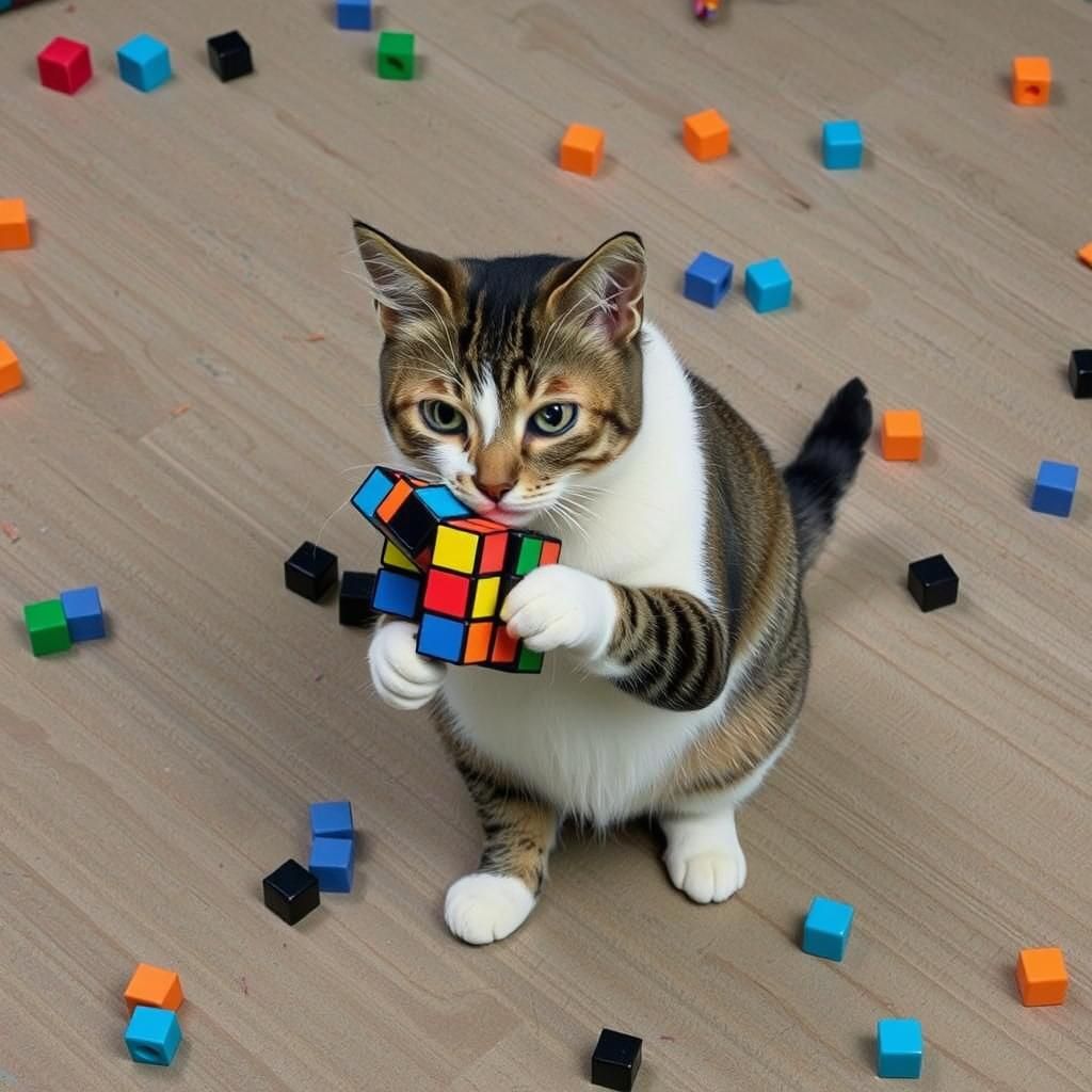 Cat Solves Rubik's Cube in Retro-Futuristic Style
