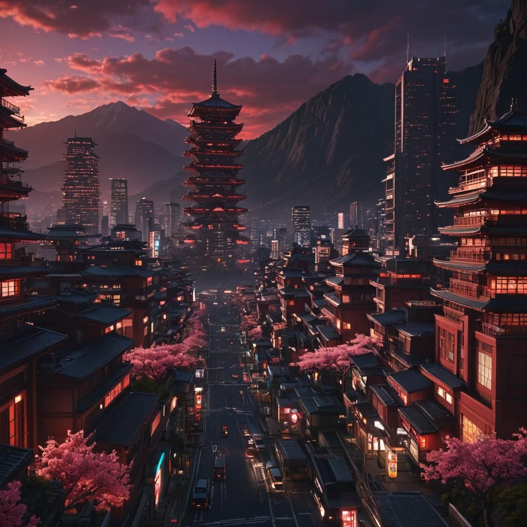 Futuristic Sci-Fi City in Japan Under Red Sky