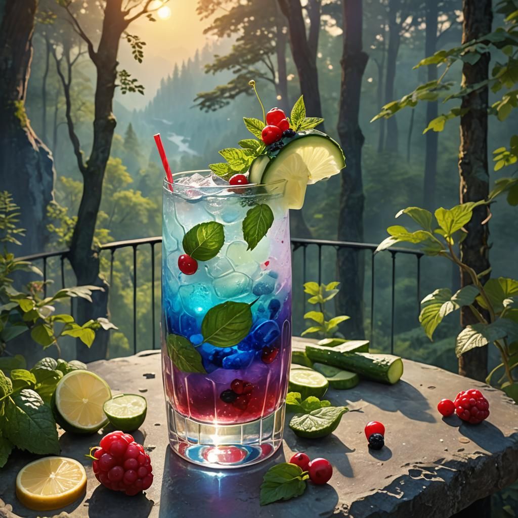 Sparkling Mocktail Overlooking Lush Forest: Epic Game Art