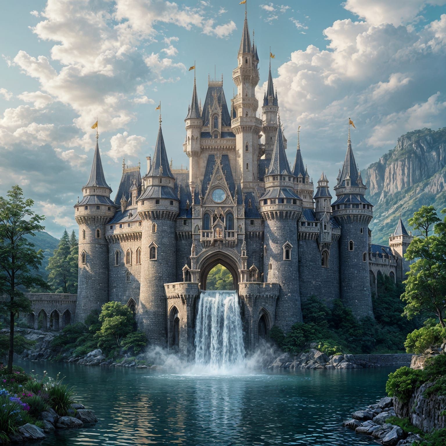 Star Castle with Waterfall in 1800s Painting Style