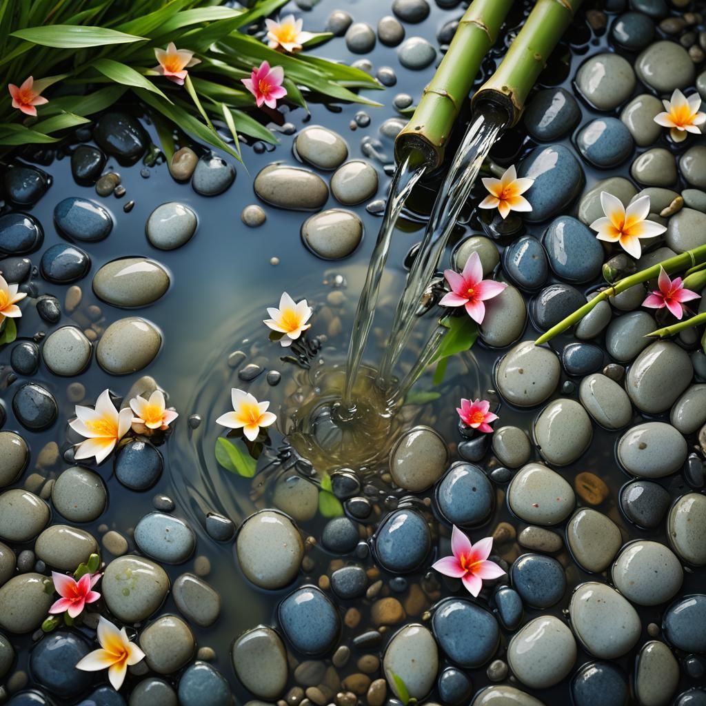 Macro Photography of Serene Bamboo Water Fountain in Nature