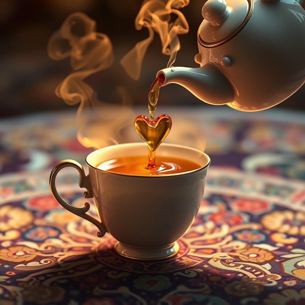 Steaming Teacup in Whimsical Hyperrealistic Art Style