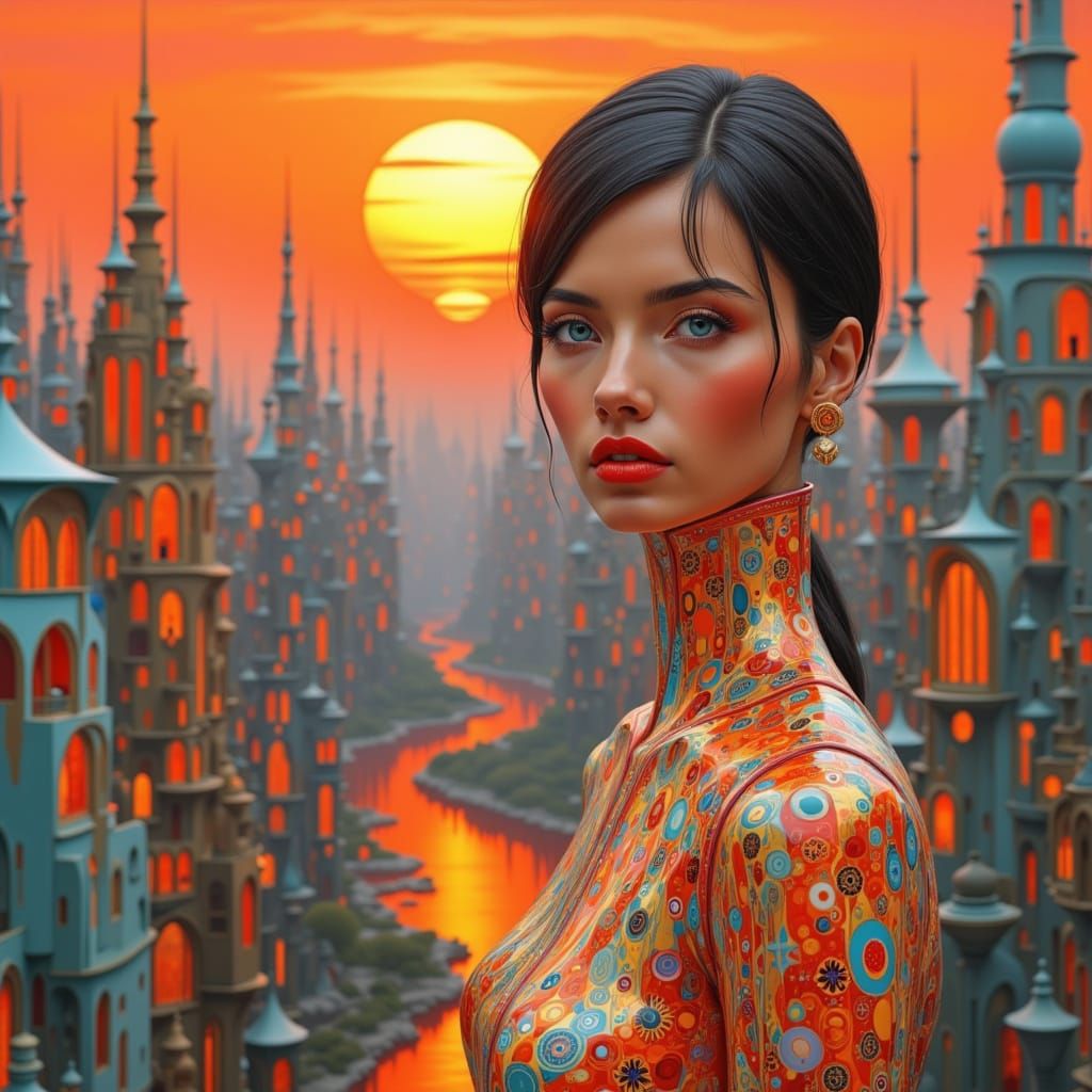 Woman by Orange Porcelain Home at Surreal Sunset