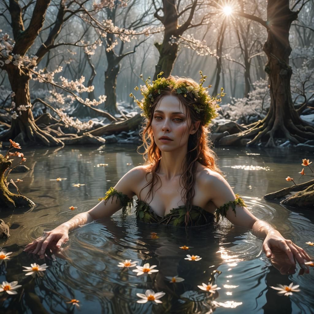 Forest Dryad Bathes in Winter Steam Pool