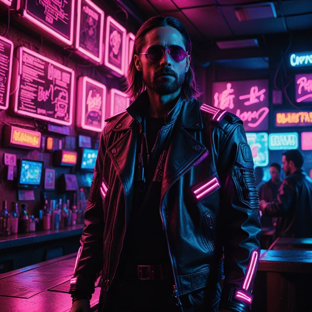 Cyberpunk Character in Neon Lit Bar