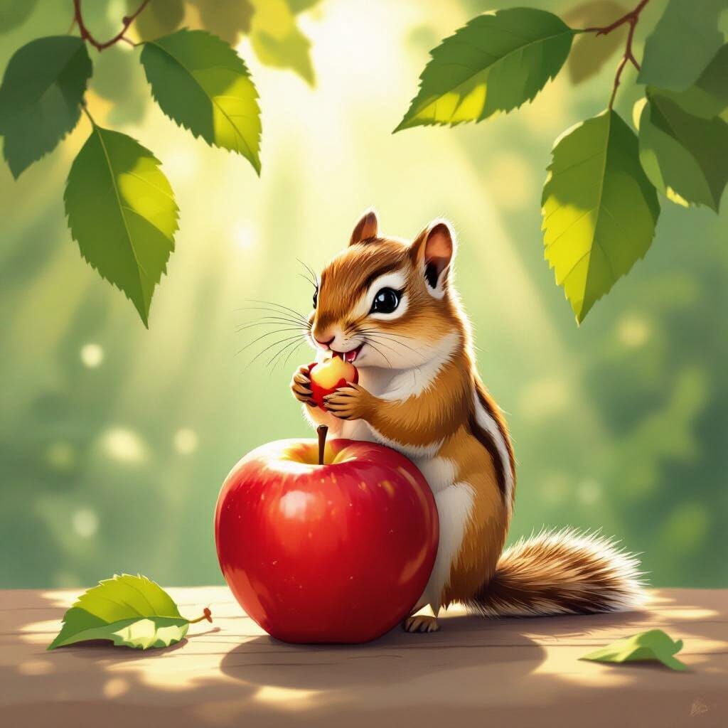 Cute Chipmunk Nibbles Apple in Whimsical Storybook Style