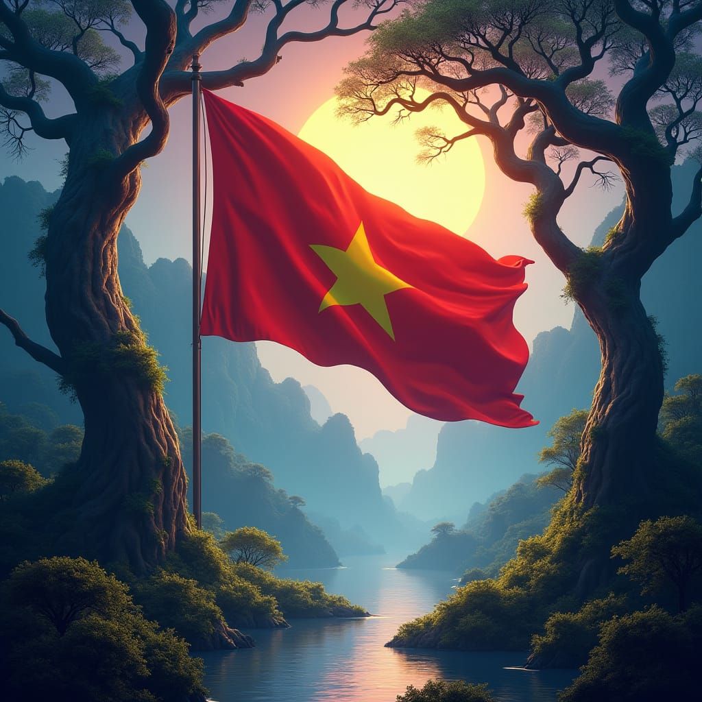 Vietnamese Flag Radiating Energy in Dreamlike Landscape