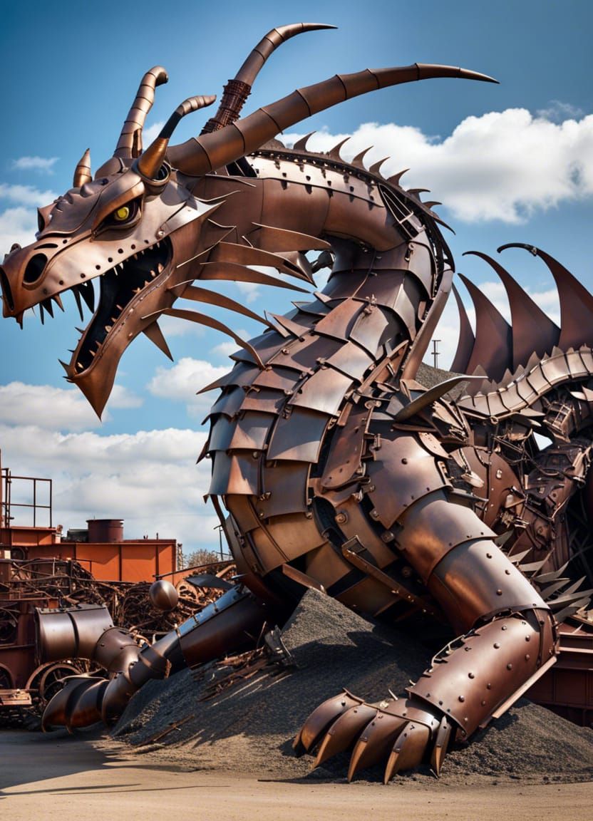 Hyperrealistic Scrap Metal Dragon Sculpture