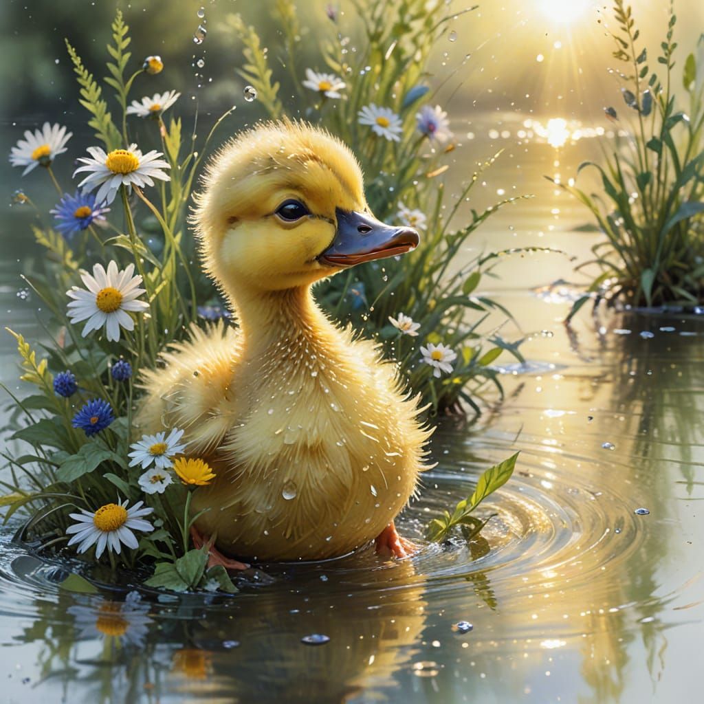 Duckling Paddling in Sunlit River Garden