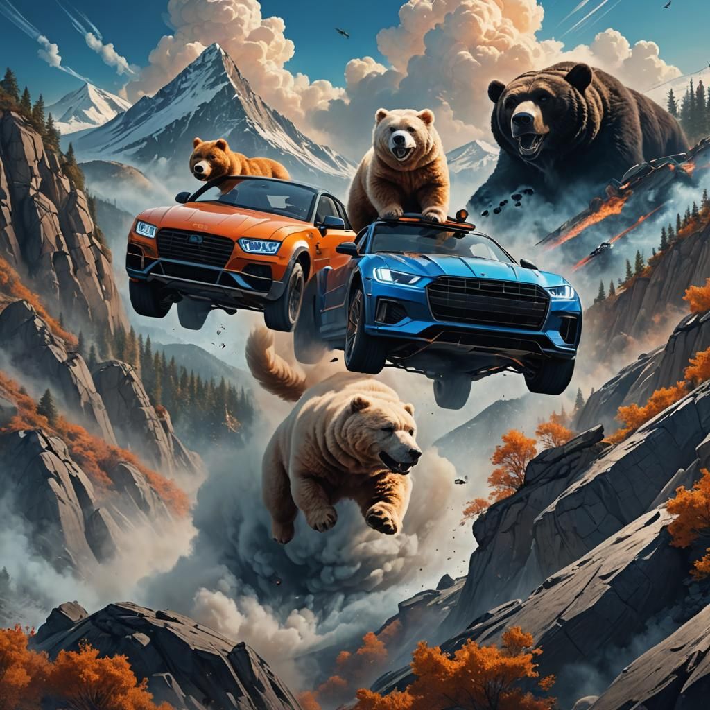 Bichon Frise and Bear Ride Car, Fantasy Digital Art