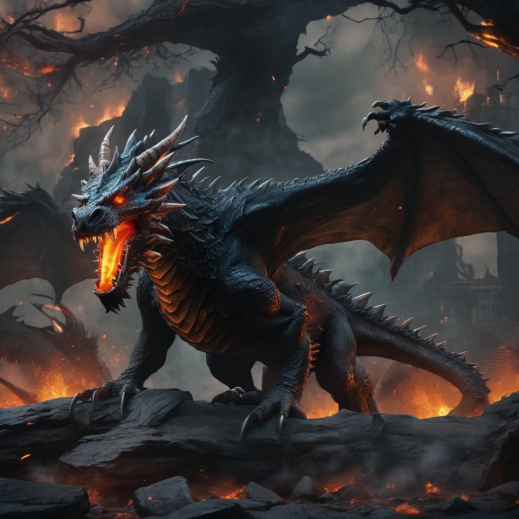 Furious Dragon with Fire, 3D Fantasy Matte Painting
