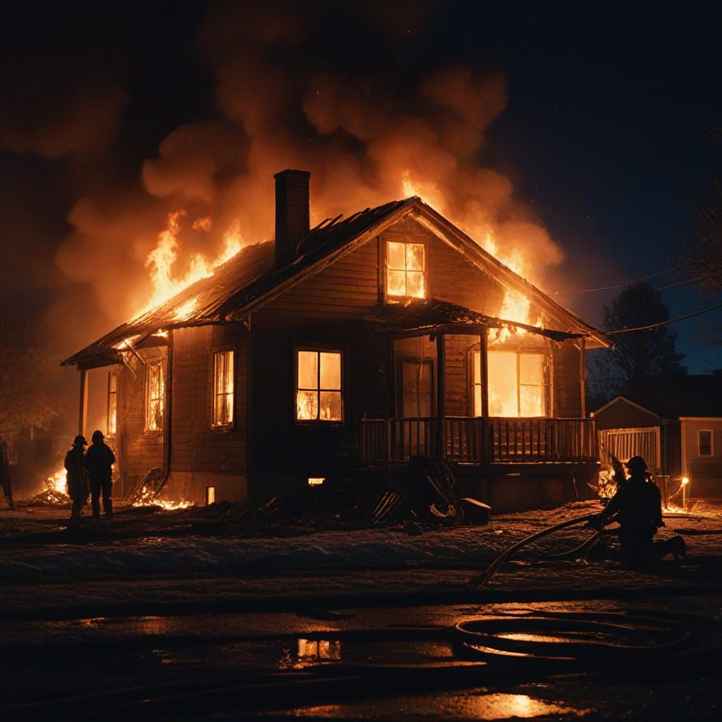 Suburban House Fire at Night: Cinematic Realism