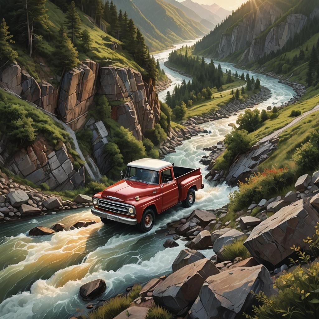 Red Pickup Truck on Mountain Road: Hyperrealistic Concept Ar...