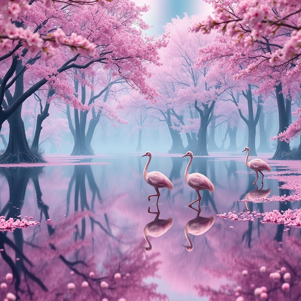Dreamlike Ostriches in a Cherry Blossom Wonderland