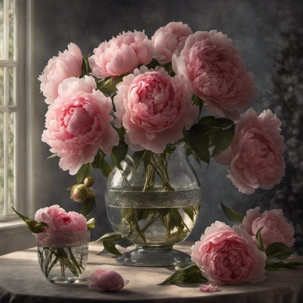 Peonies in glase vase.