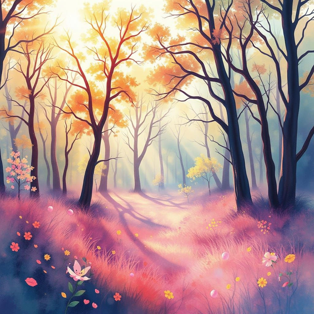 Whimsical Forest Clearing in Watercolor Style