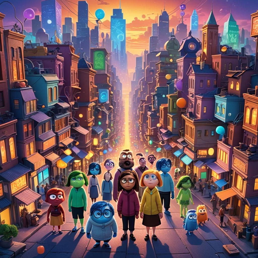Inside Out 2 Characters in Dreamlike Cityscape
